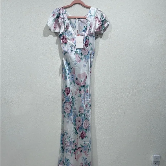 Selkie | Dresses | Selkie Floral Maxi Dress Pink And Blue Flutter Slip In  Silk Cotswolds | Poshmark